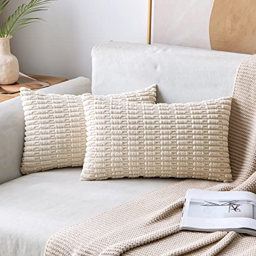 MIULEE Pack of 2 Corduroy Decorative Lumbar Throw Pillow Covers 20x12 Inch Soft Boho Striped Pillow Covers Modern Farmhouse Home Decor for Sofa Living Room Couch Bed Cream White