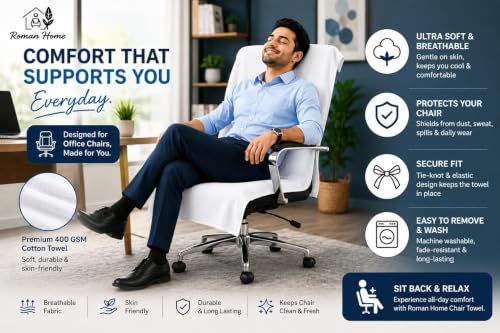 Image of ROMAN HOME 100% Superfine Cotton Solid Large Luxury Office Chair Towel with Tie Knot 450 GSM - (Pack of 1) Original Product AS PER Picture Shown (1, ch White)
