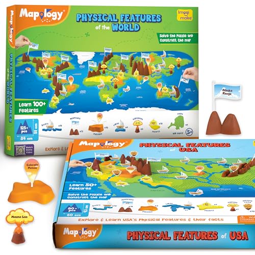 Imagimake Mapology Physical Features of World and USA Bundle - 3D Puzzle for Kids | Educational Toys for Kids Ages 8 9 10 11 12 Years