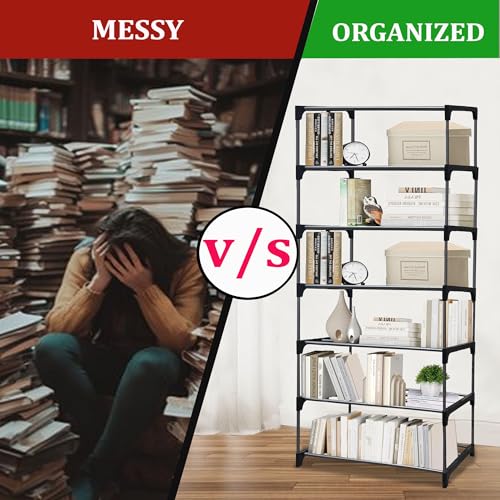 Image of 7 Tier Metal Book Shelf Tall Narrow Storage Rack for Kids and Adults Modern Bookshelf Unit for Nursery, School, Home, and Office, Floor Mount Open