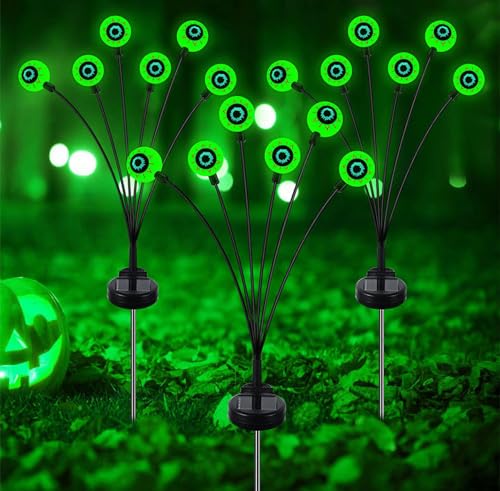 Sunboia Lot de 2 lampes solaires à 12 LED en forme de globes oculaires pour décorations d'Halloween d'extérieur - Lampes solaires étanches pour chemin,...
