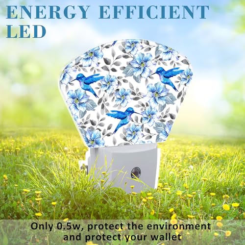 Image of Watercolor Blue Flowers and Hummingbirds Night Light for Kids Girls Boys, Blue Hummingbirds LED Night Light Plug into Wall with Dusk to Dawn Sensor for Room, Hallway, Kitchen, Bathroom, Stairs Decor