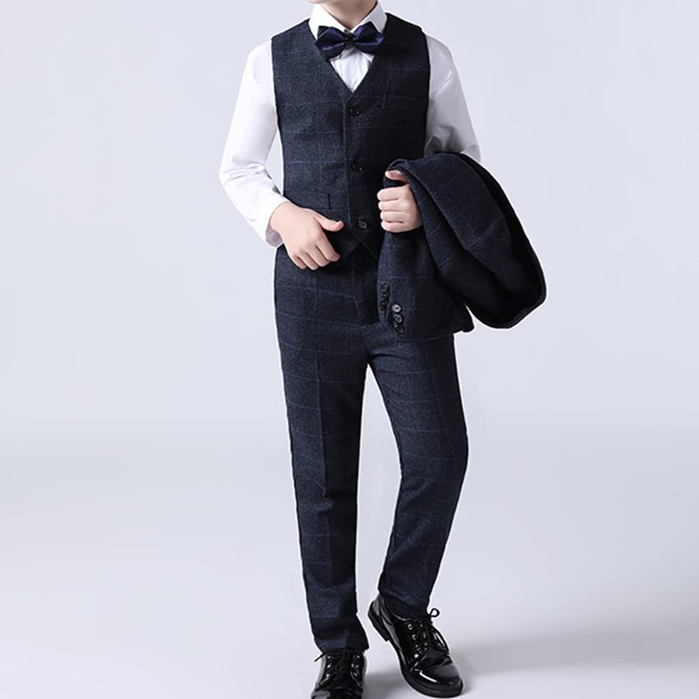 GUOCU Kinderanzug 5-teilig Jungen Anzüge Kinder Klassisches Blau Kariertes Anzug-Set Gentleman Smoking Jacke Sakkos+Weste+Hemd+Hosen+Fliege,Hochzeit Festlich Outfit Junge Kleidung Set Taufanzug