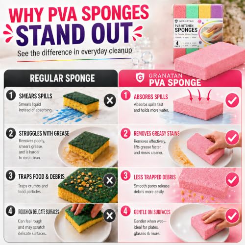 Image of PVA Household Cleaning Sponges, 4 Pack, 4 Colors