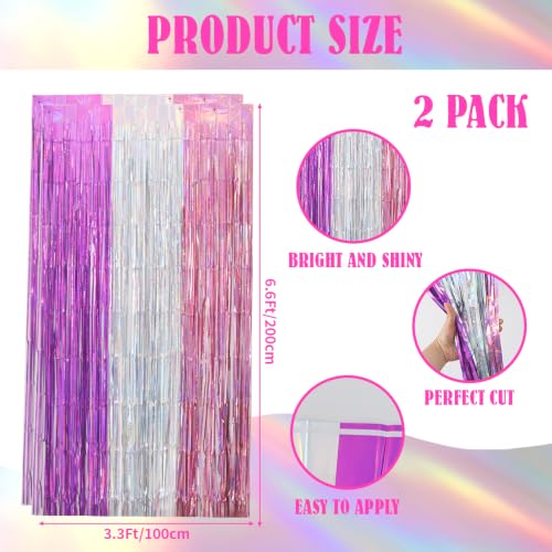 Image of TONIFUL 2Pcs Iridescent Purple White Pink Metallic Foil Fringe Curtain | 3.3ftx6.6ft Photo Booth Backdrop Tinsel Door Streamer, Props for Bachelorette Girls'Dreamy Birthday New Year Decorations