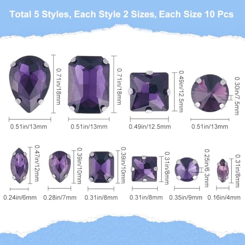GORGECRAFT 1 Box 100Pcs 10 Styles Sew On Rhinestones Purple Glass Rhinestone Silver Claw Flatback Gemstones with 4 Holes Teardrop Round Square Mix Shape Size Sewing Gems for DIY Embellishments Crafts - Image 2