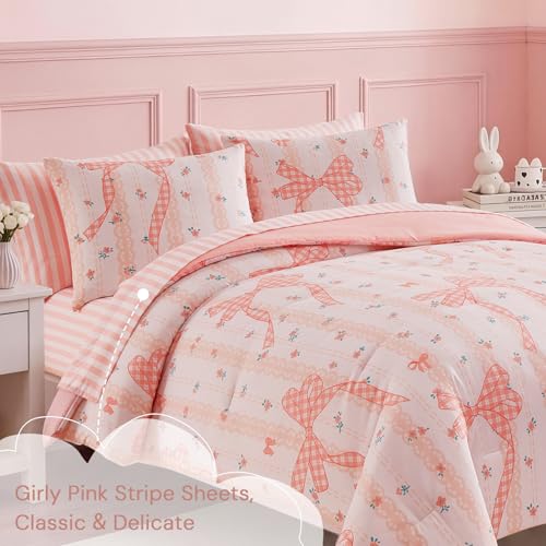 Image of Full Size Comforter Set for Girls Lace Floral Bow 7 Pieces Bed in a Bag