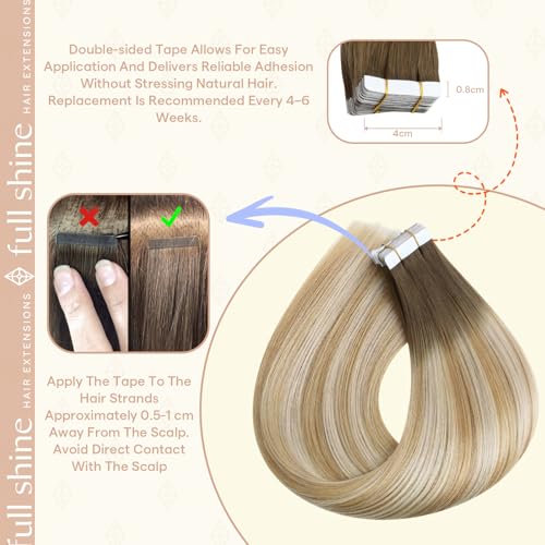 Image of Full Shine Hair Extensions Tape in, Brown Root Blonde Ombre 22 Inch | 50g 20PCS, Invisible Human Hair Tape in Extensions, Straight Remy Finish Thick Ends Smooth Texture for Party Styling