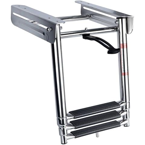 Marinebaby 3-Step Stainless Steel Telescoping Ladder, Slide Under Platform Mount Boarding Ladder with Retaining Strap Cover