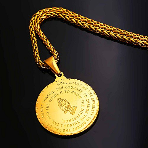 U7 GP2356K Bible Verse Prayer Necklace 18K Gold Plated Christian Jewelry For Men Women Round Coin Praying Hands Medal Pendant thumb #2