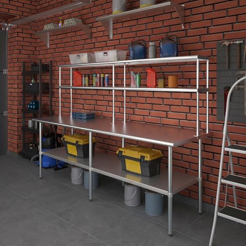 Image of AmGood Stainless Steel Work Table with 12 inch Wide Double Tier Overshelf | Metal Kitchen Prep Table & Shelving Combo | NSF (Stainless Steel Table with Double Overshelves, 96 inch Long x 30 inch Deep)