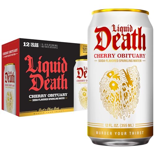 Image of Liquid Death Soda-Flavored Sparkling Water - Cherry Obituary, Less Sugar*, Huge Flavor, No Caffeine, No Artificial Sweeteners, 12 Fl Oz (Pack of 12)