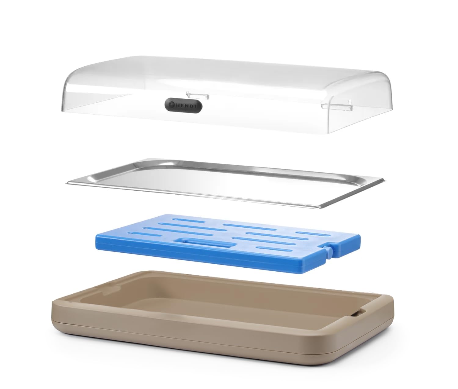 HENDI Expositor refrigerado UNIQ con cubierta transparente abatible de ABS, conjunto exhibidor con bandeja de acero inoxidable GN 1/1, bloque refrigerante, 593x389x(H)147mm, polipropileno, beis