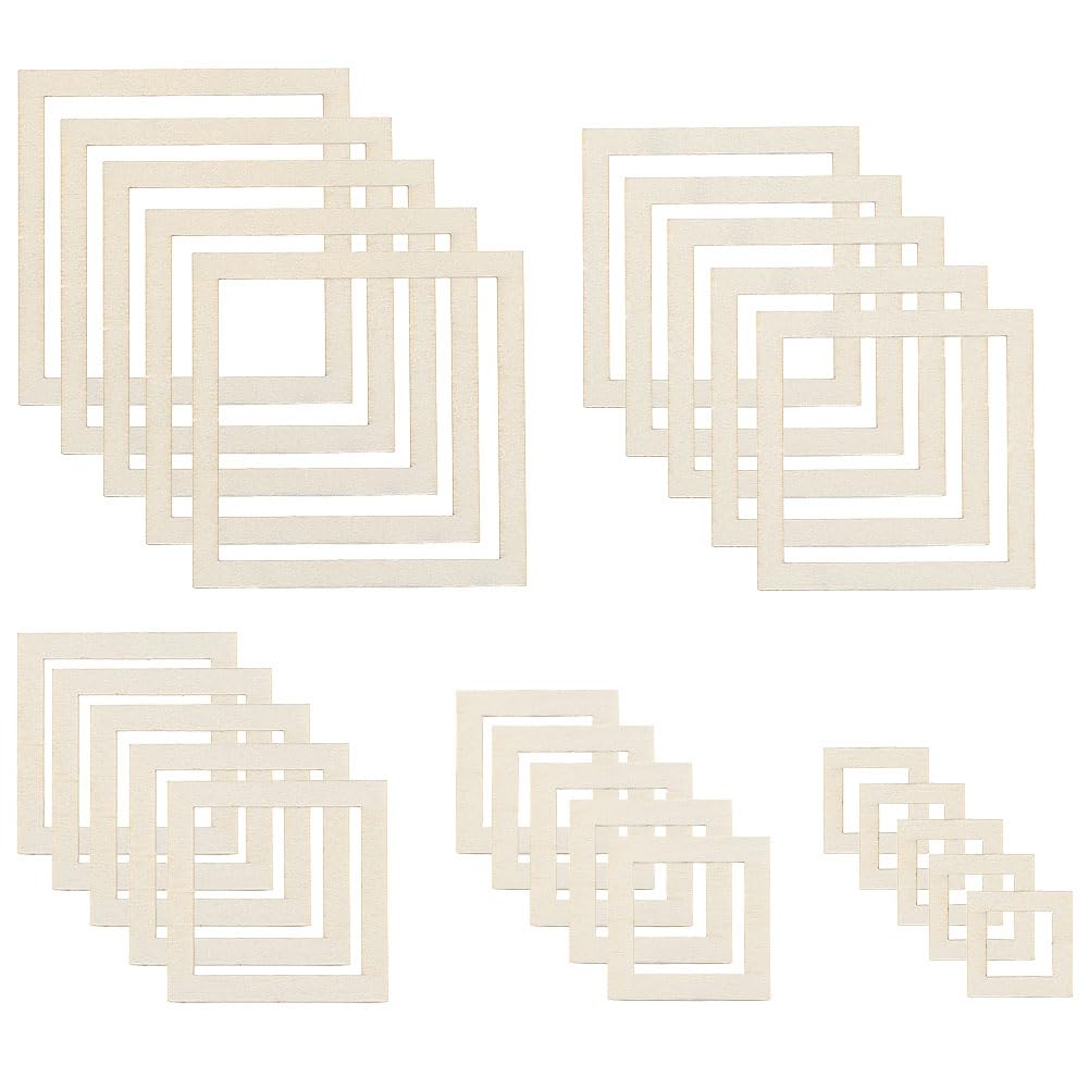AHANDMAKER 100pcs Small Wood Photo Frames 5 Sizes Bisque Square Unfinished Square Frames Dollhouse Accessories for Wall Art Christmas Room Boxes DIY Crafts Decorations
