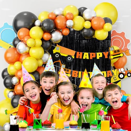 Image of Rozi Decoration Construction Theme Birthday Party Decoration Kit, 56 Pieces, Includes Happy Birthday Banner, Foil Balloons, Latex Balloons, Curtain, Yellow Orange Black