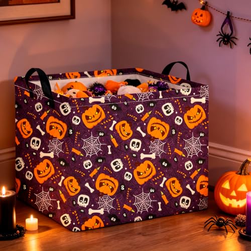 Image of CLOCOR Rectangular Storage Basket,Collapsible Cute Pattern Storage Bin,Waterproof Books Box with Handles,Gift Basket(Big Pumpkin Halloween)