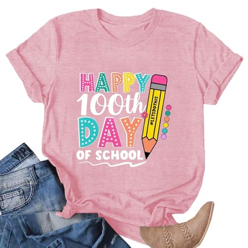 Image of 100th Day of School Shirt for Women Teacher Graphic T-Shirt Funny Teach Short Sleeve Tee Tops