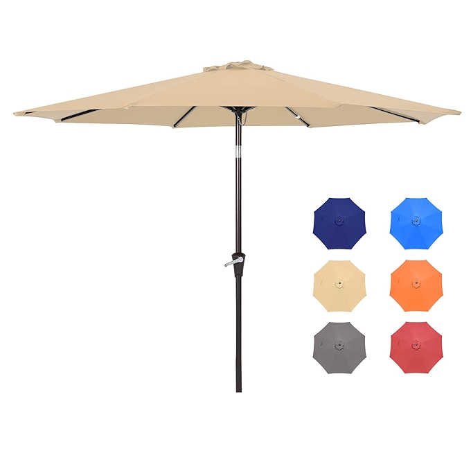 9英尺户外阳伞，倾斜调节与曲柄升降系统，适用于庭院、草坪、后院、泳池和市场，米色