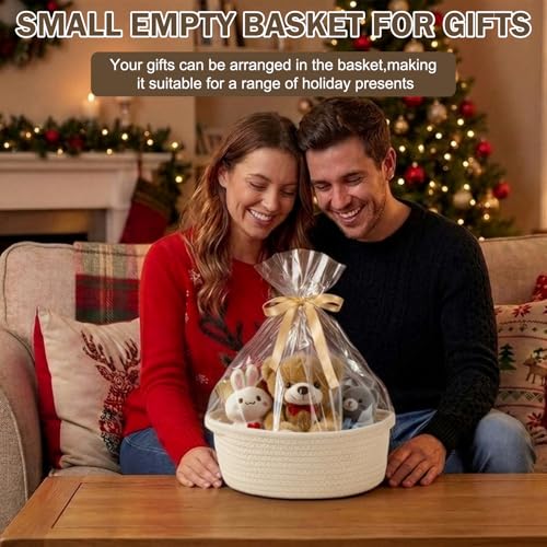 Image of Basket for Gifts Empty, Small Woven Basket with Bags and Ribbons, Baby Toy Baskets with Handles, Wicker Storage Bin for Baby Showers or Pet Toy (Creamy White, 1 Pack (12 inchx 8 inchx 3.74 inch))