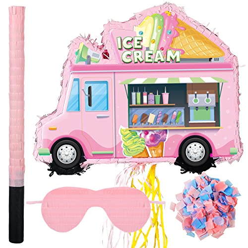 Ferraycle Ice Cream Truck Piñata Ice Cream Party Birthday Decorations Ice Cream Piñata with Blindfold, Stick and Confetti for Kids Girls Birthday Summer Candy Theme Party Baby Shower