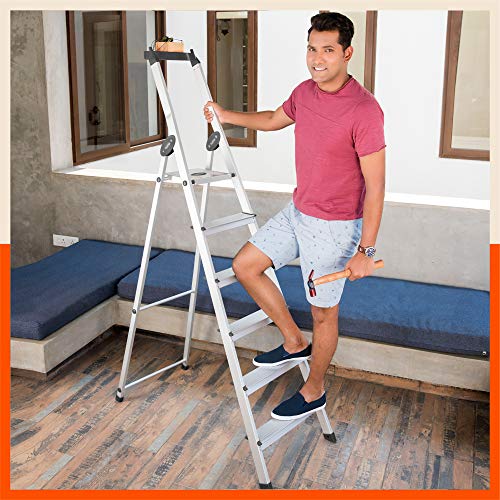 Image of Bathla Elevate 6-Step Foldable Aluminium Ladder for Home with Tool Tray | Anti-Skid | Durable, Heavy Duty, Safe & Stylish | 5-Year Warranty | Black