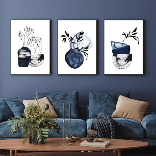 Peinture de plantes en pot bleu marine triptyque abstrait moderne pour salon 80x110cm