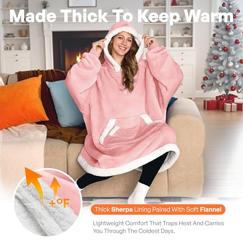 Image of Giggling Getup Wearable Blanket Hoodie for Women and Men Gifts for Women Mom Wife Sherpa Fleece Hooded Blanket Sweatshirt Warm Cozy Sherpa Wearable Throw with Pocket & Sleeves for Adult Standard Pink