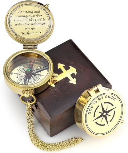 Brújula de Latón Chapada en Oro Grabada con Inscripción Religiosa 'Sé Fuerte y Valiente! Porque el Señor tu Dios está contigo dondequiera que vayas' miniatura 1