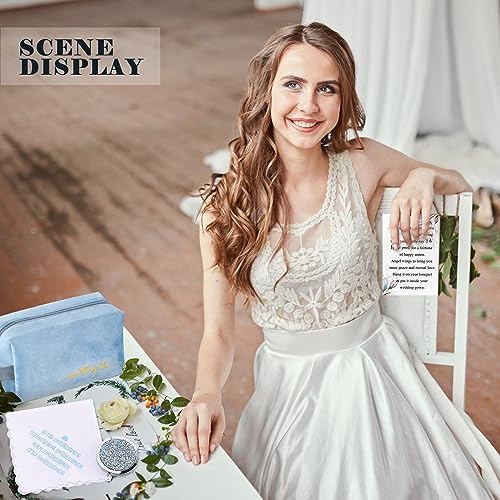 Set of 6 Something Blue Wedding Gift for Bride Wedding Embroidered Handkerchief Angel Bouquet Charm Something Blue Bridal Cosmetic Bag Diamond Compact Mirror Greenery Card with Envelope Gift to Bride4