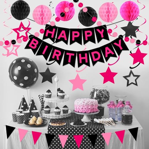 Image of Black & Pink Birthday Party Decorations - Happy Birthday Banner, Honeycomb Balls, Star Swirls, Circle Dots, Triangle Flags Bunting