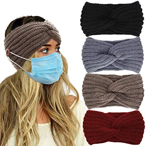 VEEJION 4 Pack Women Knitted Warm Twisted Headbands with Buttons for Face Mask Wide Ear Warmer Headwrap Hair Accessories for Outdoor Sports Running