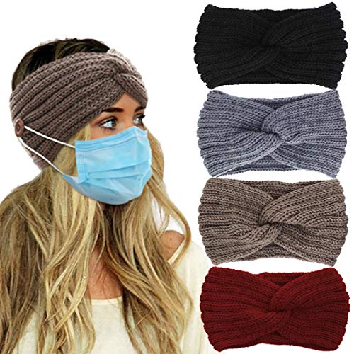 Veejion 4 Pack Women Knitted Warm Twisted Headbands With Buttons For Face Mask Wide Ear Warmer Headwrap Hair Accessories For Outdoor Sports Running #TOP28