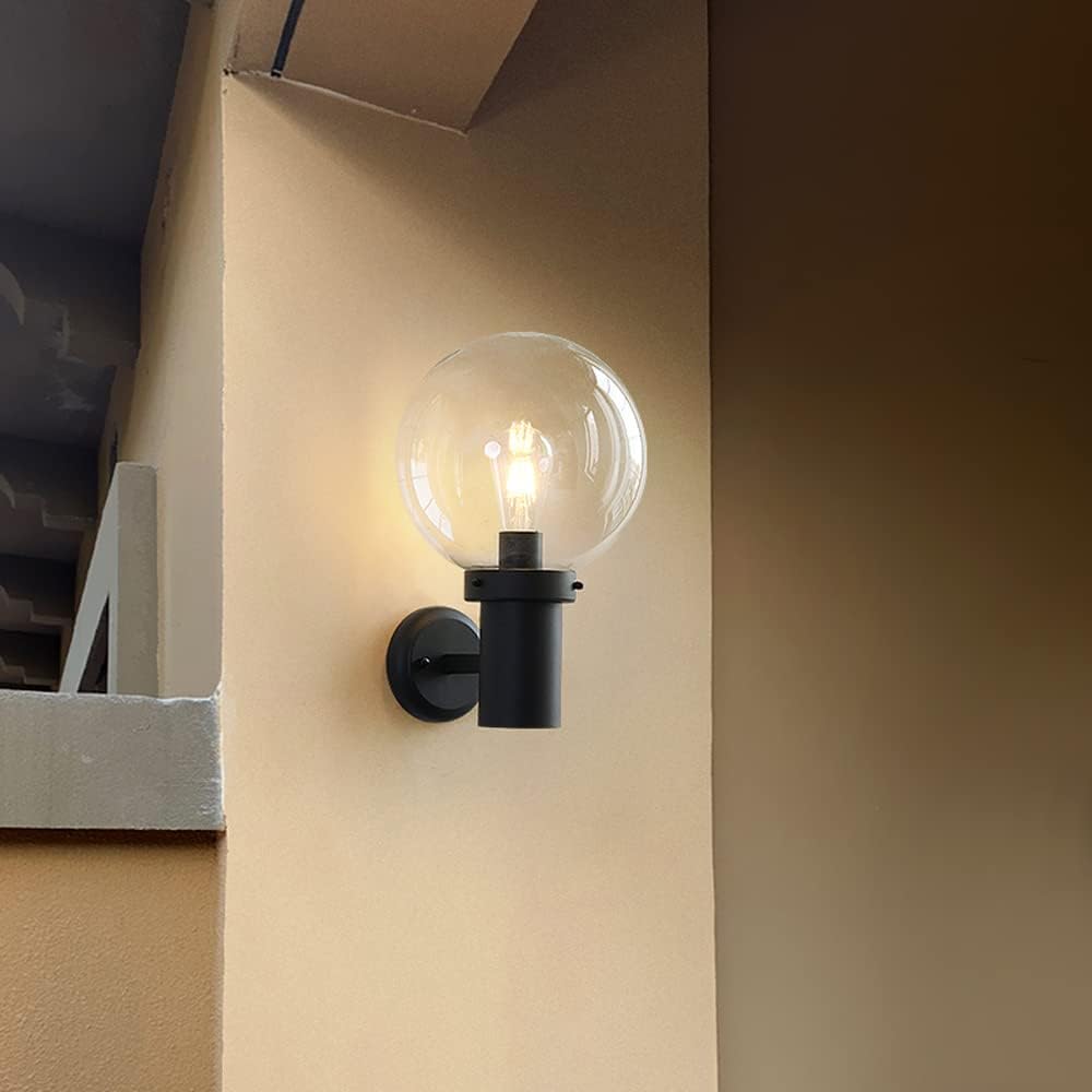 SXSCARKX Nordic Style Simple Outdoor Wall Sconce Fixtures Transparent Round Glass Lampshade Lamp Black Iron Anti-Rust Light Body Lights For Stairway Facade Lighting（E27）