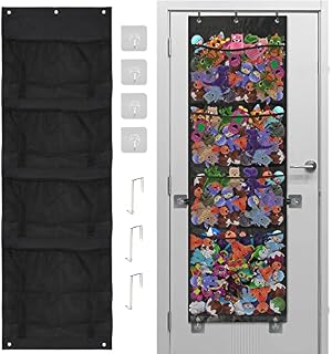 Linkidea Storage Bag for Stuffed Animals Over Door, Plush Toy Storage Bag, Stuffed Animal Hanging Shelves Bag with 4 Large Mesh Pockets (Black)