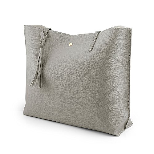 OCT17 Women Tote Bag - Tassels Faux Leather Shoulder Handbags, Fashion Ladies Purses Satchel Messenger Bags - Gray