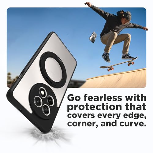 Image of RIGGEAR Shockproof Sleek Hybrid Armor 360 Rotating Magnetic Ring Stand Back Cover Case Compatible with MagSafe Accessories for OnePlus 13R (Clear PC + Black TPU Bumper)
