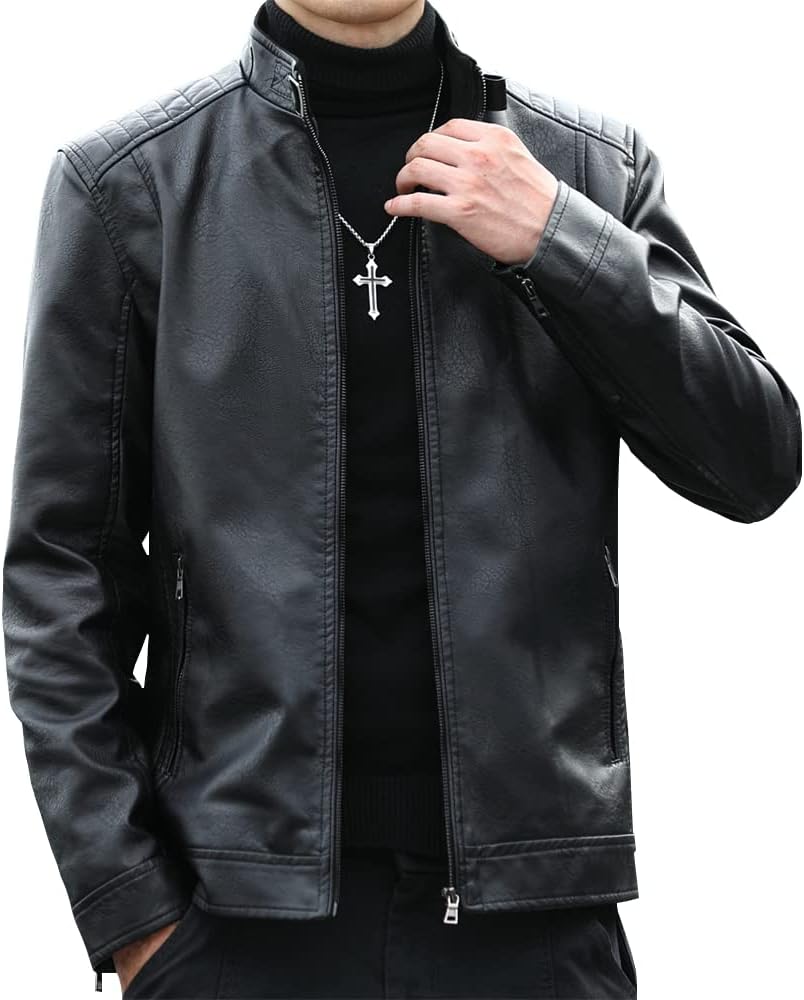 Mens Casual Stand Collar Faux Leather Jacket Biker Motorcycle Jackets - Image 2