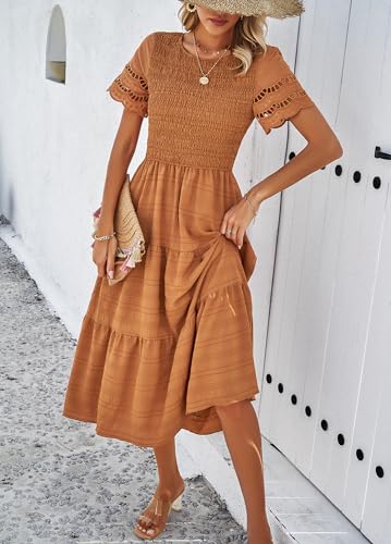 Image of Sumleno 2026 Women's Summer Midi Dresses Short Sleeve Smocked Tiered Dress Vacation Beach Wedding Guest Elegant Boho Sundress