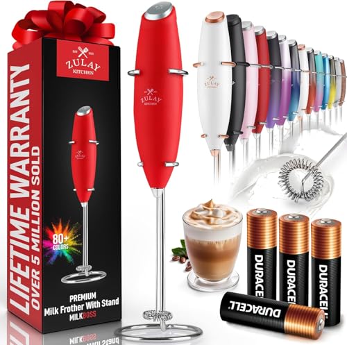 Zulay Kitchen Powerful Milk Frother Wand With 4 AA Duracell Batteries - Ultra Fast Handheld Drink Mixer - Electric Whisk Foam Maker for Coffee, Lattes, Cappuccino, Matcha & Creamer