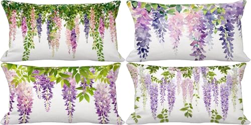 Juego de 4 Funda Cojin 40x80 Fundas de Cojines Púrpura Outdoor Cushion Covers Lino Cogines Sofa Exterior Jardin, Lavanda Cushion Covers Doble Cara Diseño Estampado, Salón Patio Decorativos B34-x1