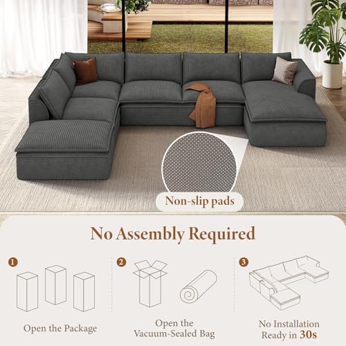 Image of Vesgantti 141.7 inch Oversized Sectional Boneless Sofa with Chaise, 7 Seat Corduroy Modular Couch with Ottoman, Convertible Deep Seat Cloud Sofa for Living Room, No Assembly Required, Dark Gray