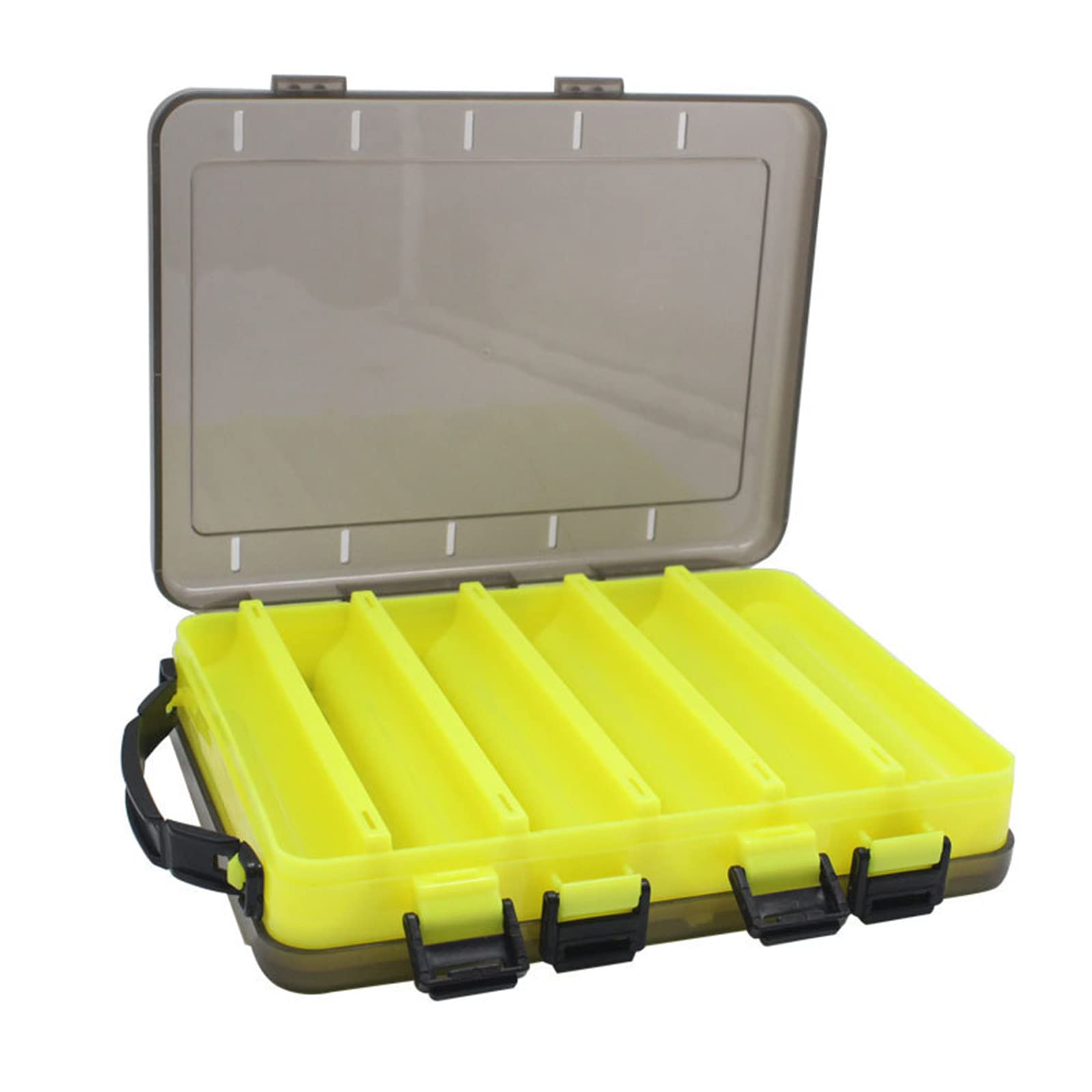 TOPIND Double Sided Fishing Lures Box Transparent Visible Plastic Bait Hooks Boxes Terminal Tackle Bits Clear Storage Organizer Case 14 Compartments Drain Hole Accessories, Yellow(1pcs)