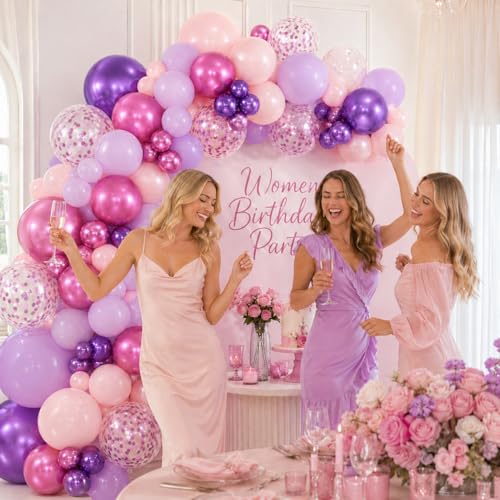 Image of Pink and Purple Balloons, 60 Pcs 12 Inch Pastel Metallic Purple Pink Confetti Balloons with Magenta Balloon for Girls Women Birthday Baby Shower Bridal Shower Wedding Princess Party Decorations