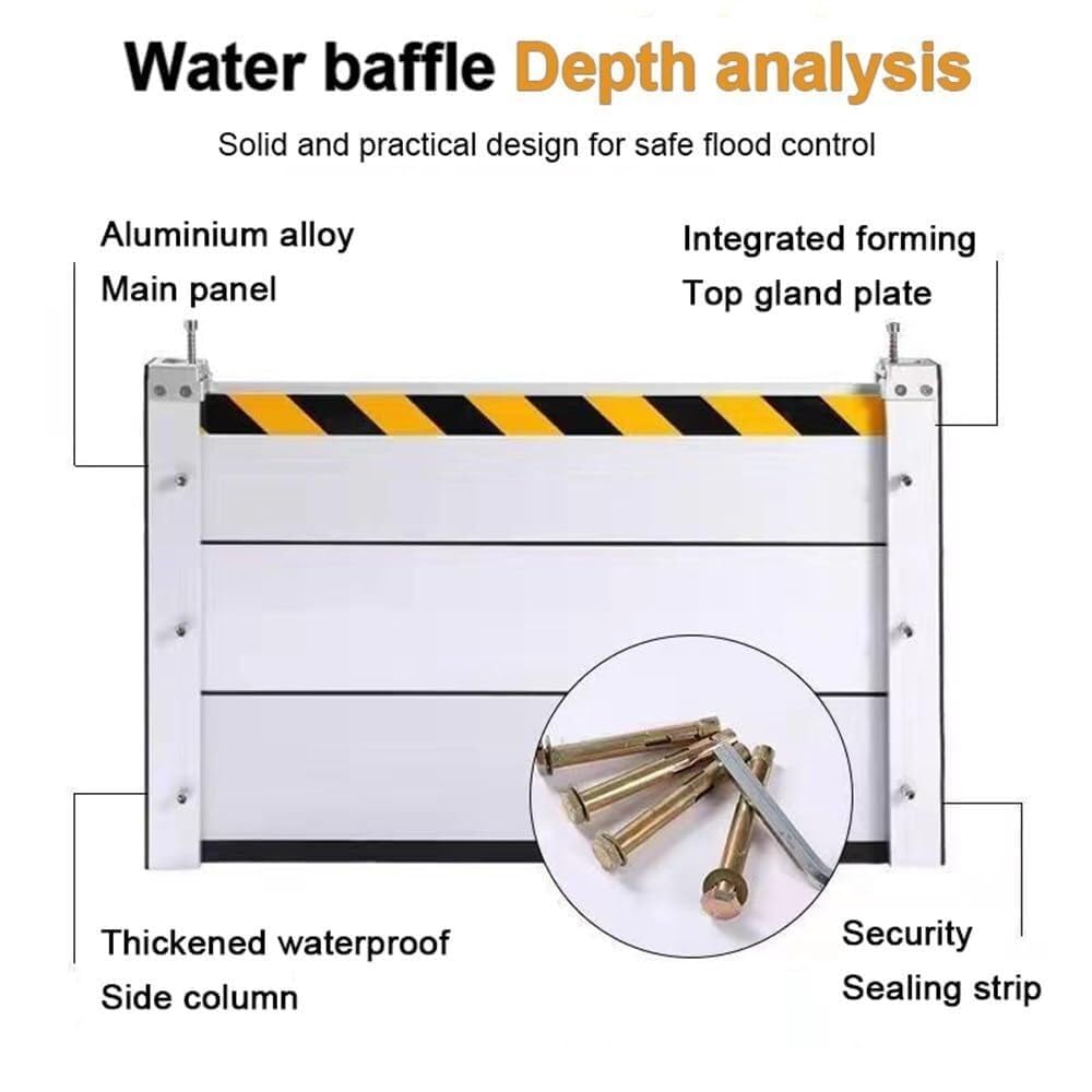 Flood Barrier Aluminum Baffle with Reflective Warning Strip, Reusable Detachable Water Control Shield, Commercial Protection for Basement, Front Door & Gates