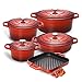 Produktbild ProCook - Kochgeschirr Set aus Gusseisen - induktionsgeeignet - emailliert - Bräter - Grillpfanne - Schmortopf - 5-teiliges Set - in schattiertem Rot