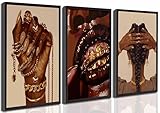 3 Pcs African American Woman Canvas Wall Art Fashion Afrocentric Black Girl Grill Melanin Paintings Pictures Wall Decor Poster Print Artwork for Living Room Bedroom Home Decoration Unframed (Poster, 12x16in)