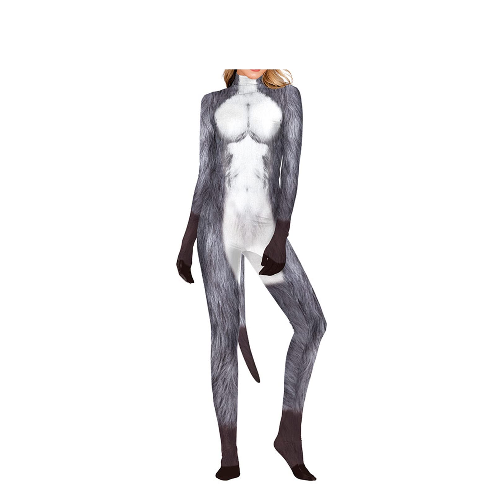 Halloween Grey Wolf Costume with Tail, Werewolf Cosplay Muscle Jumpsuits Zentai Unitard Party Costume (Female,Large)