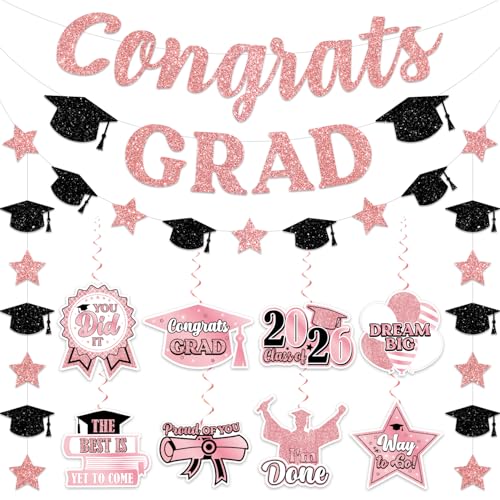 Pink Graduation Decorations 2026 Pink Graduation Party Decorations includes Glitter Congrats Grad Banner Garland Class of 2026 Hanging Swirls College or High School 2026 Party