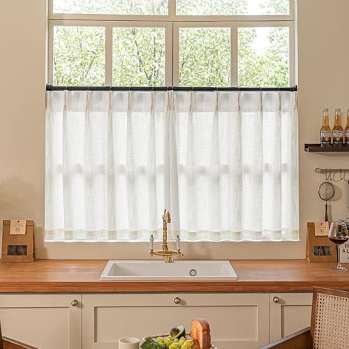 Image of Cream Ivory Linen Pleated Curtains 30 Inch Length Light Filtering Semi Sheer Mini Curtains for Small Window Basement Bathroom Pinch Pleat Boho Farmhouse Short Kitchen Drapes Laundry Room RV 40x30