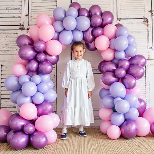 Image of 412pcs Pink and Purple Balloons, Different Sizes 18 12 10 5 Inch Pink and Purple Balloons Garland Arch Kit for Girls Women Birthday Baby Shower Wedding Party Decorations